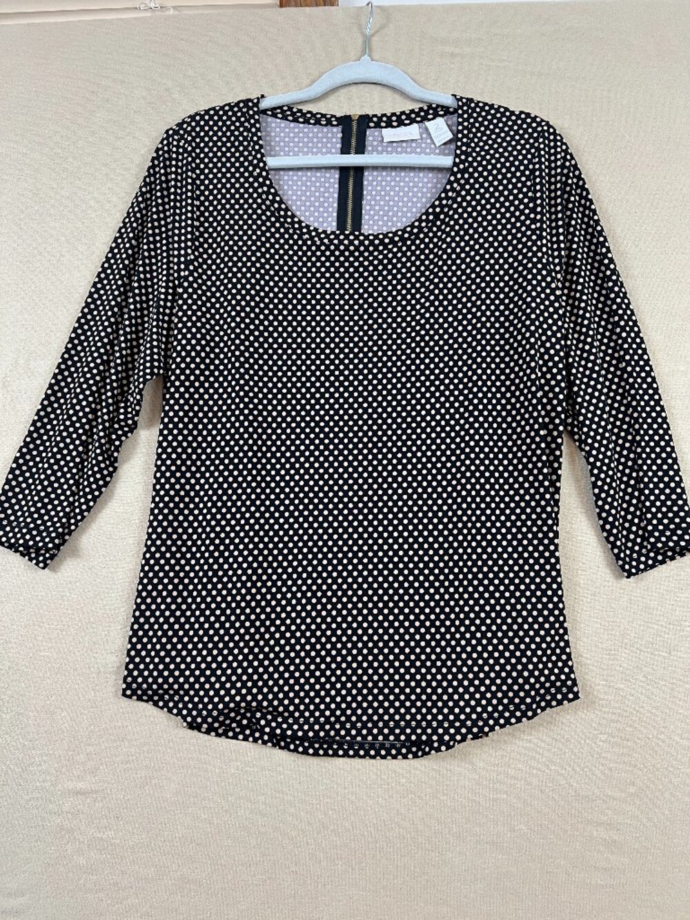 Chico's Polka Dot Size 2 (Large) Blouse 3/4 Sleeve Back Zip Corporate Classic